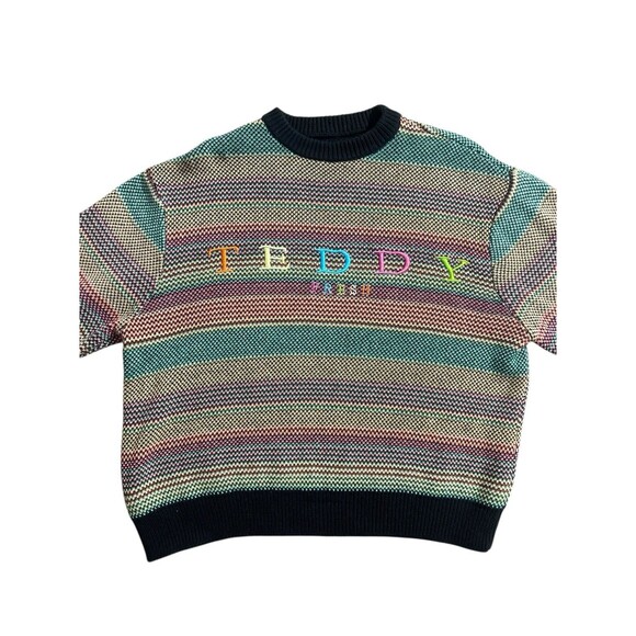 Teddy Fresh Striped Rainbow Pullover Knit Cotton Sweater Crew Neck Size S - Picture 2 of 11